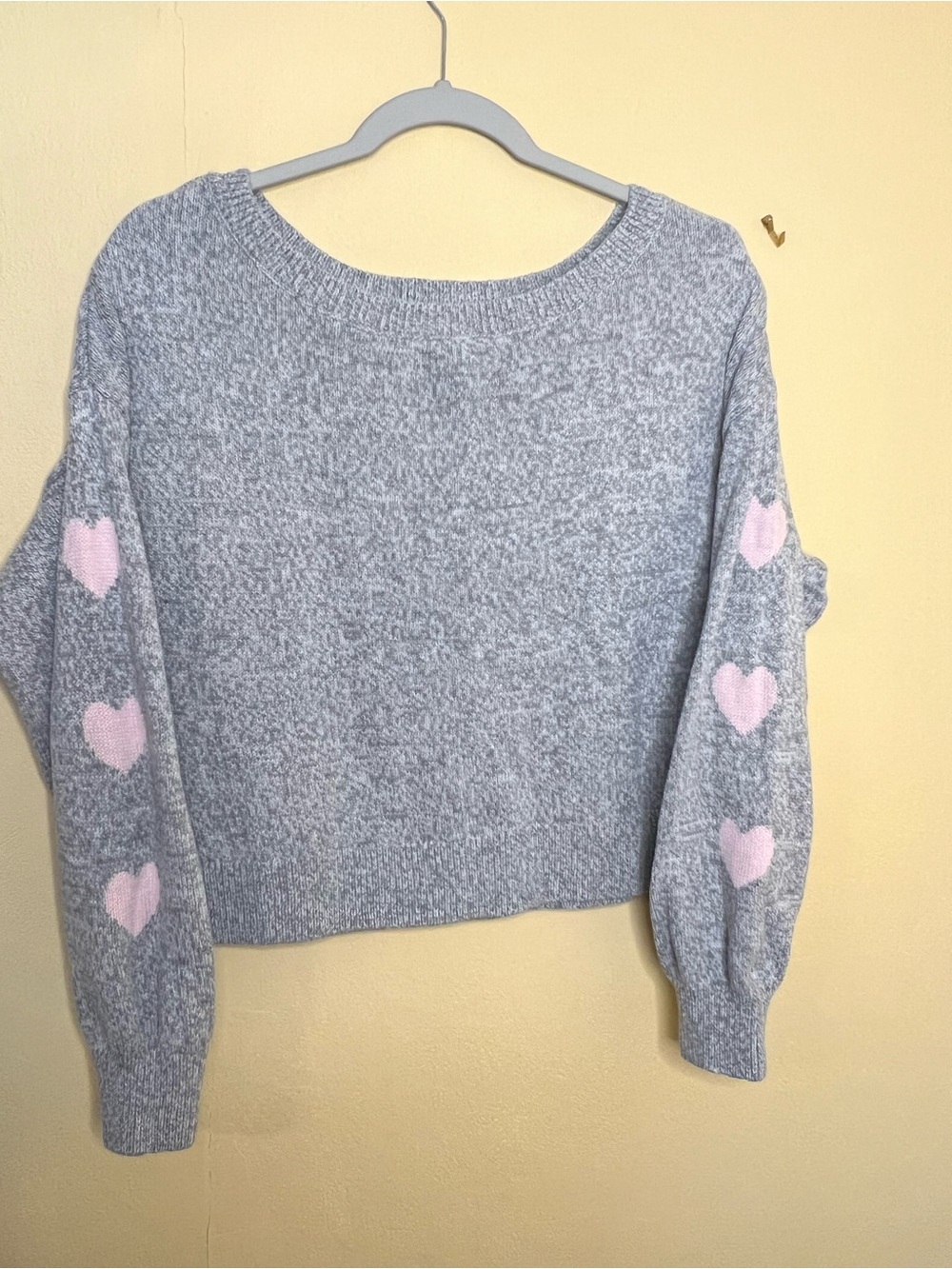 Hollister Light Grey Crew Sweater with Pink Heart Sleeves